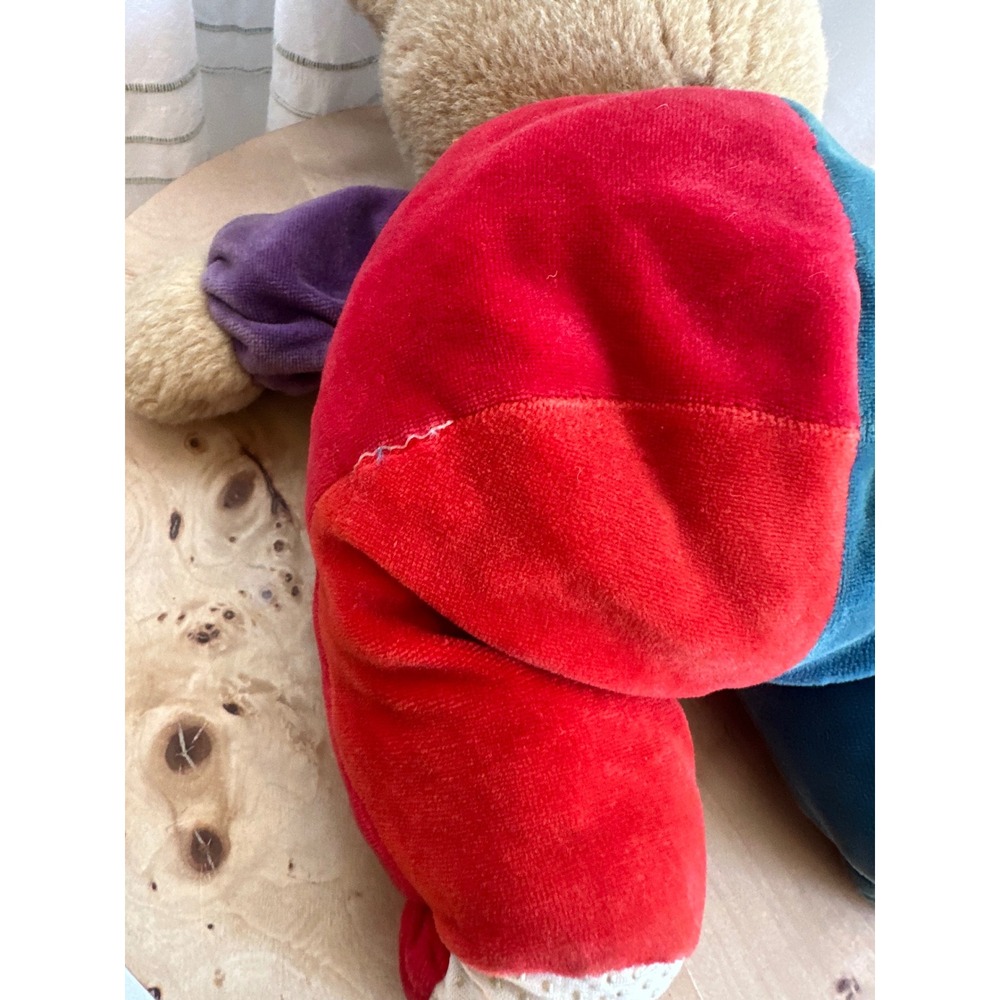 Vintage Color Block Teddy Bear Plush Rainbow Ribbon Primary Colors Velour 7.6oz - Picture 6 of 9
